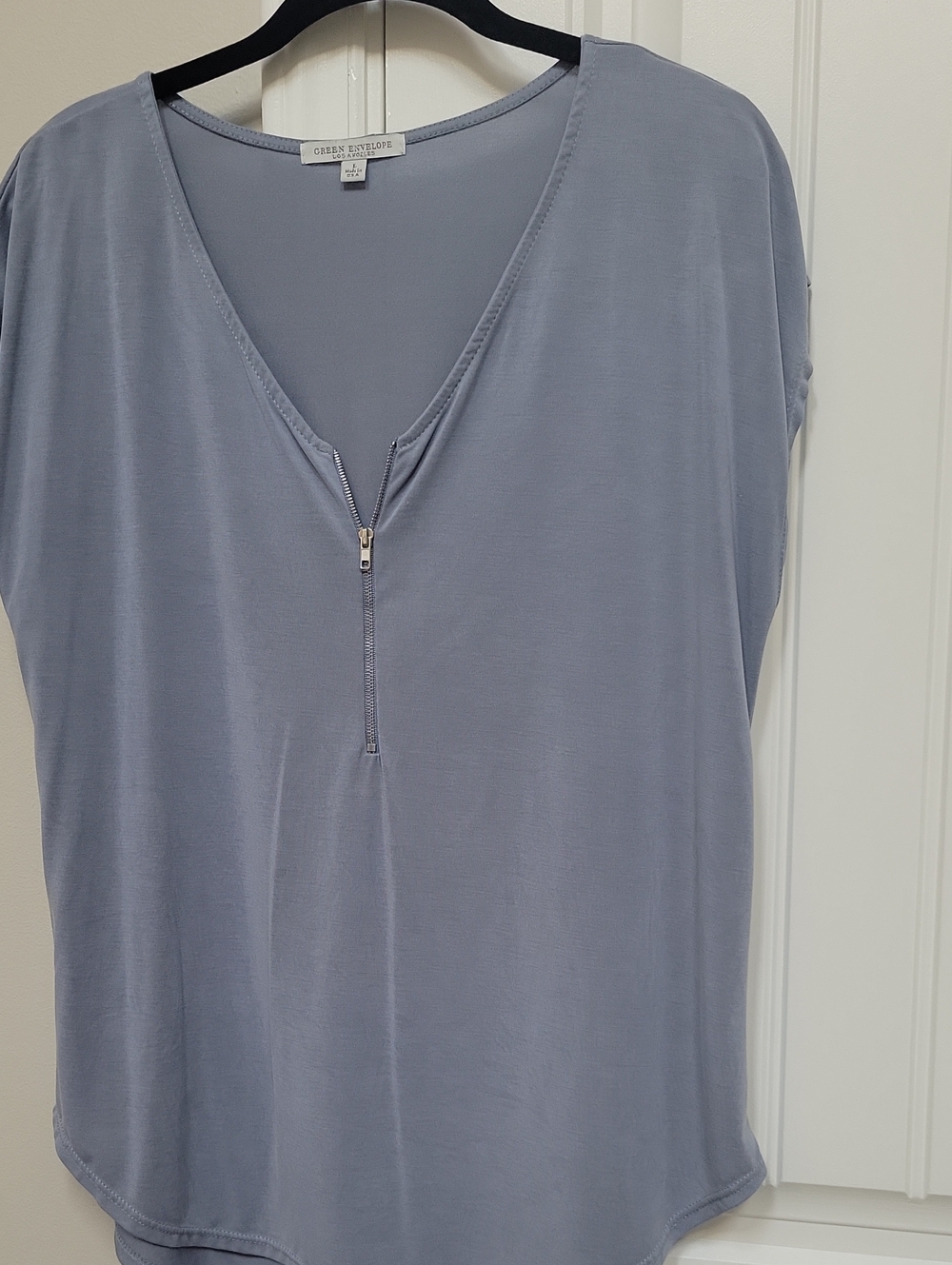 Green Envelope Slate Blue Short-Sleeve Zip V-Neck Top